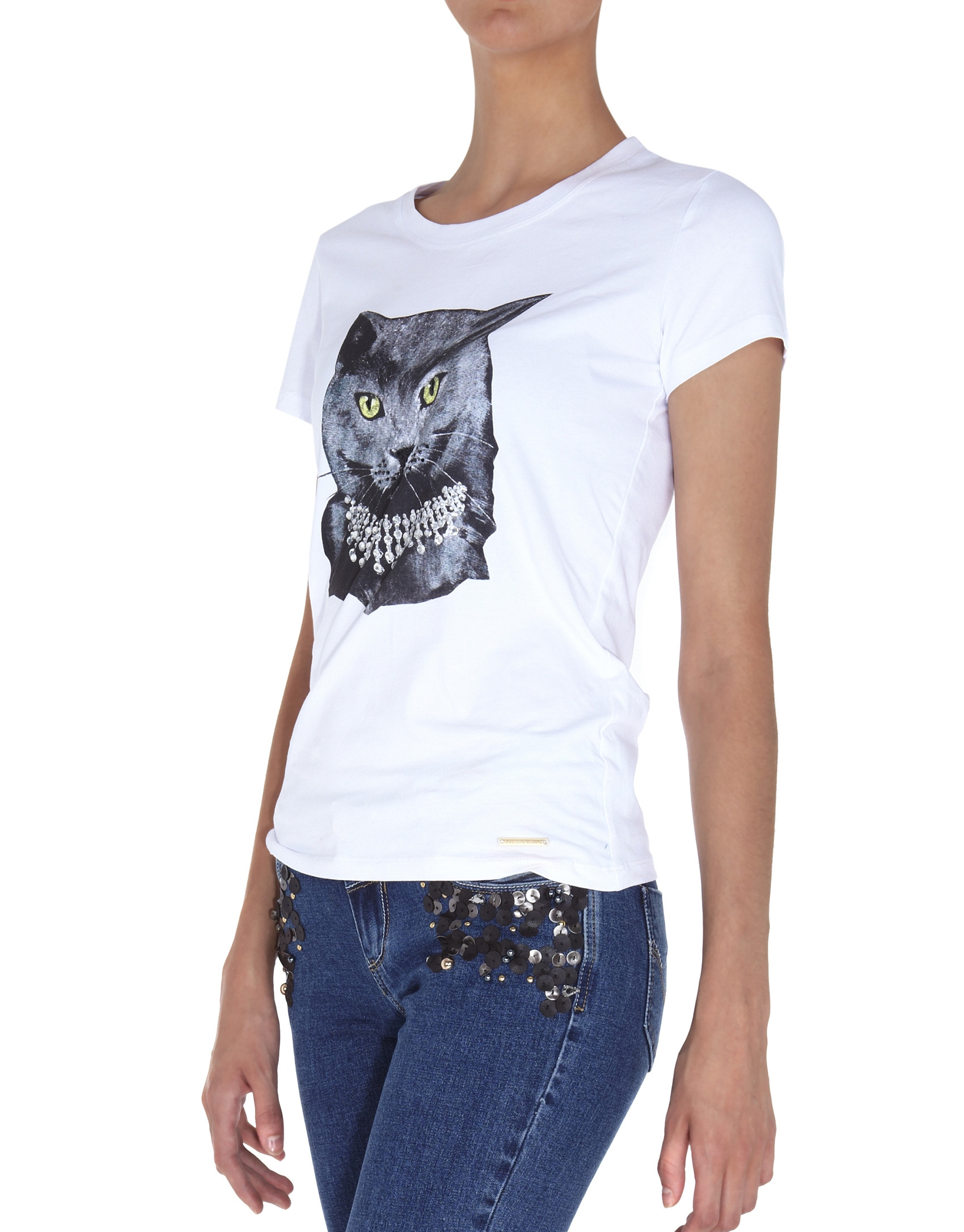 Camiseta manga corta blanca ilustración gato con strass