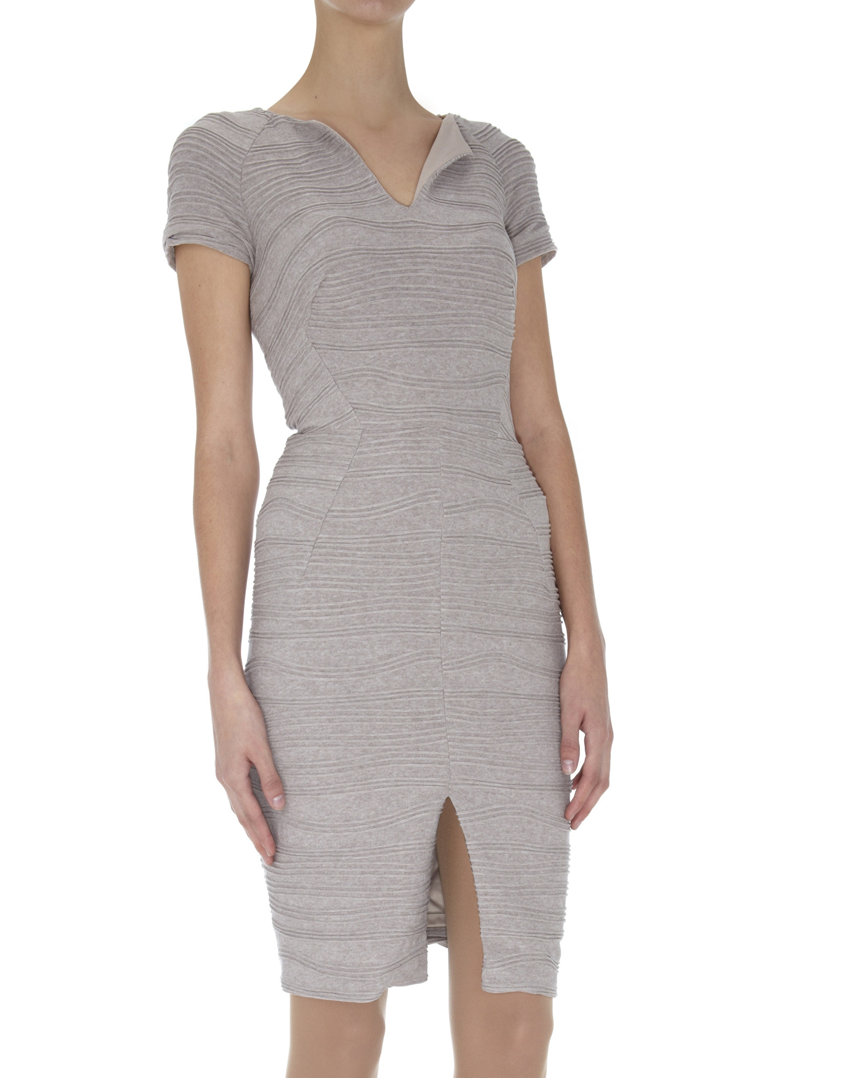 Beige knit short sleeved embossed dress 