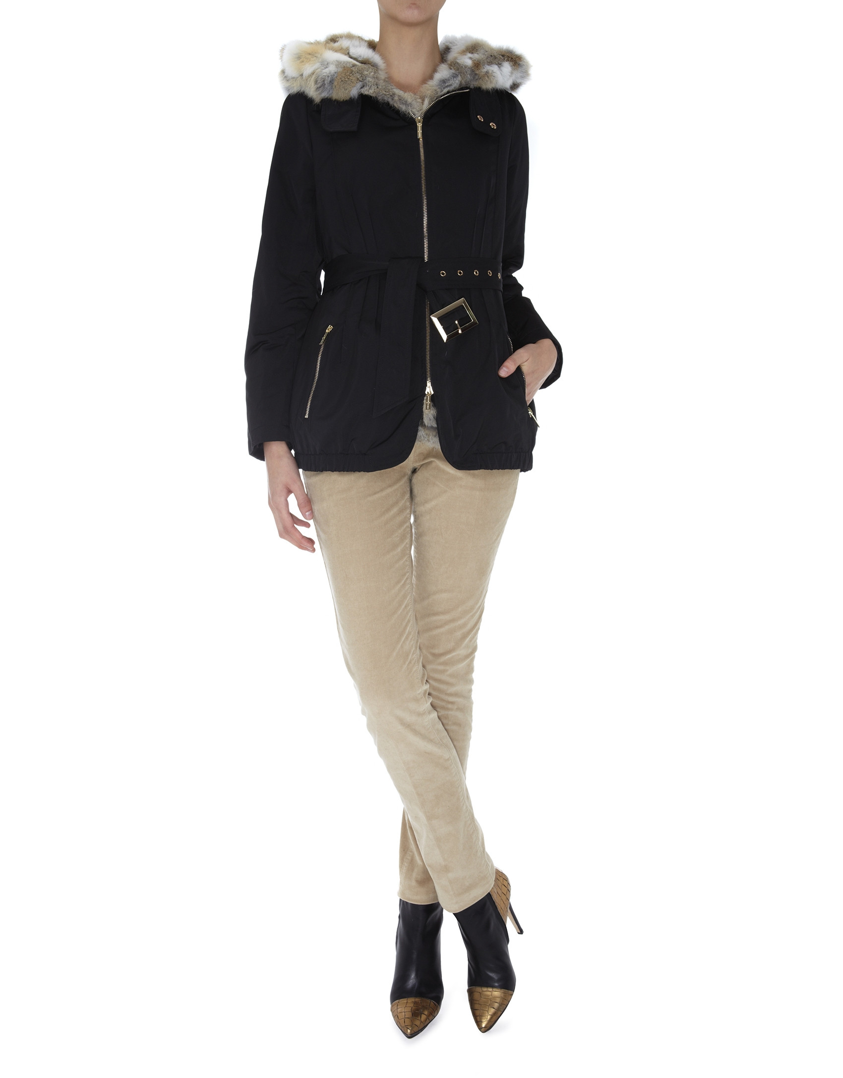 Trench negro dos piezas interior pelo conejo beige
