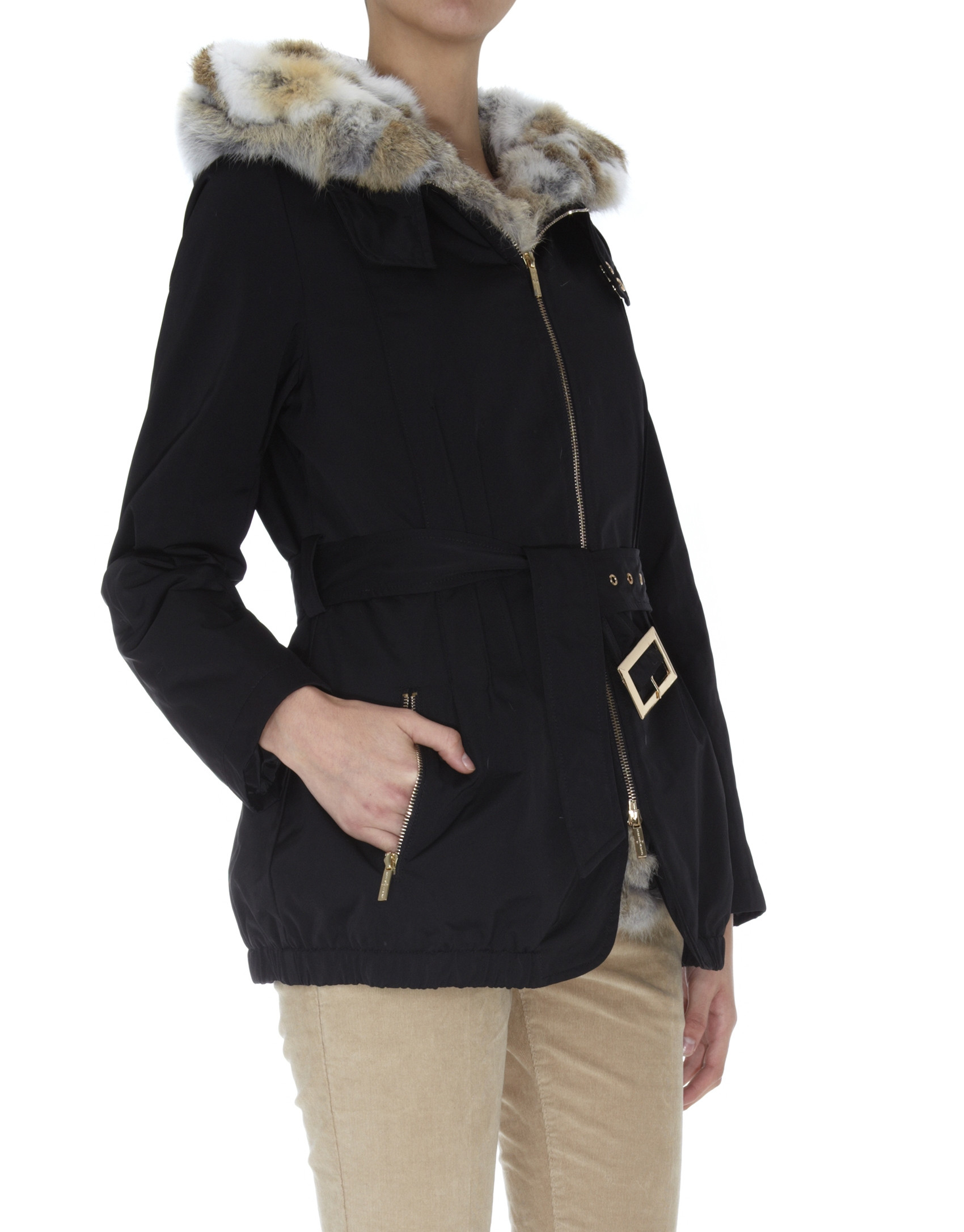 Trench negro dos piezas interior pelo conejo beige