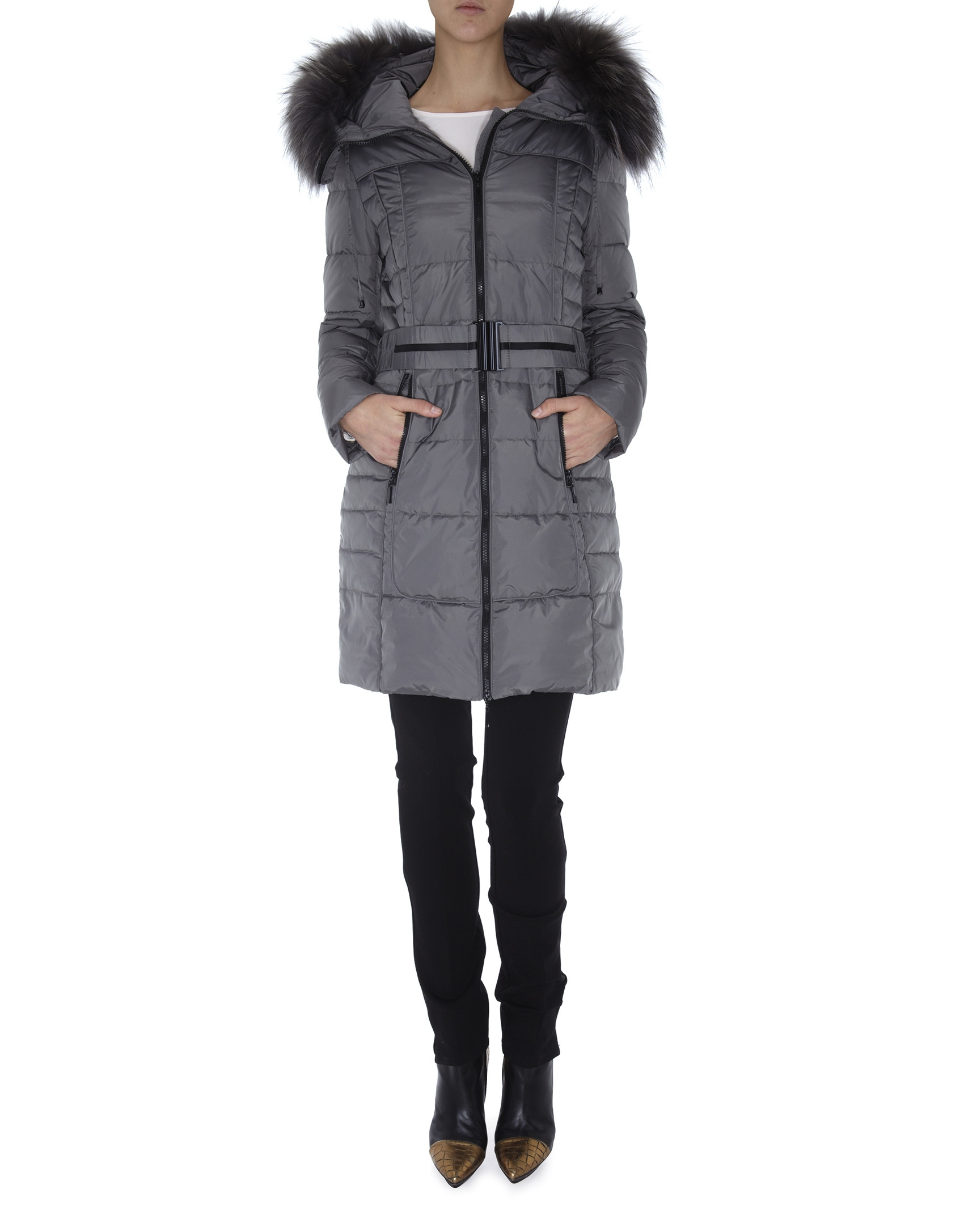 Long black ski jacket with matching raccoon collar 