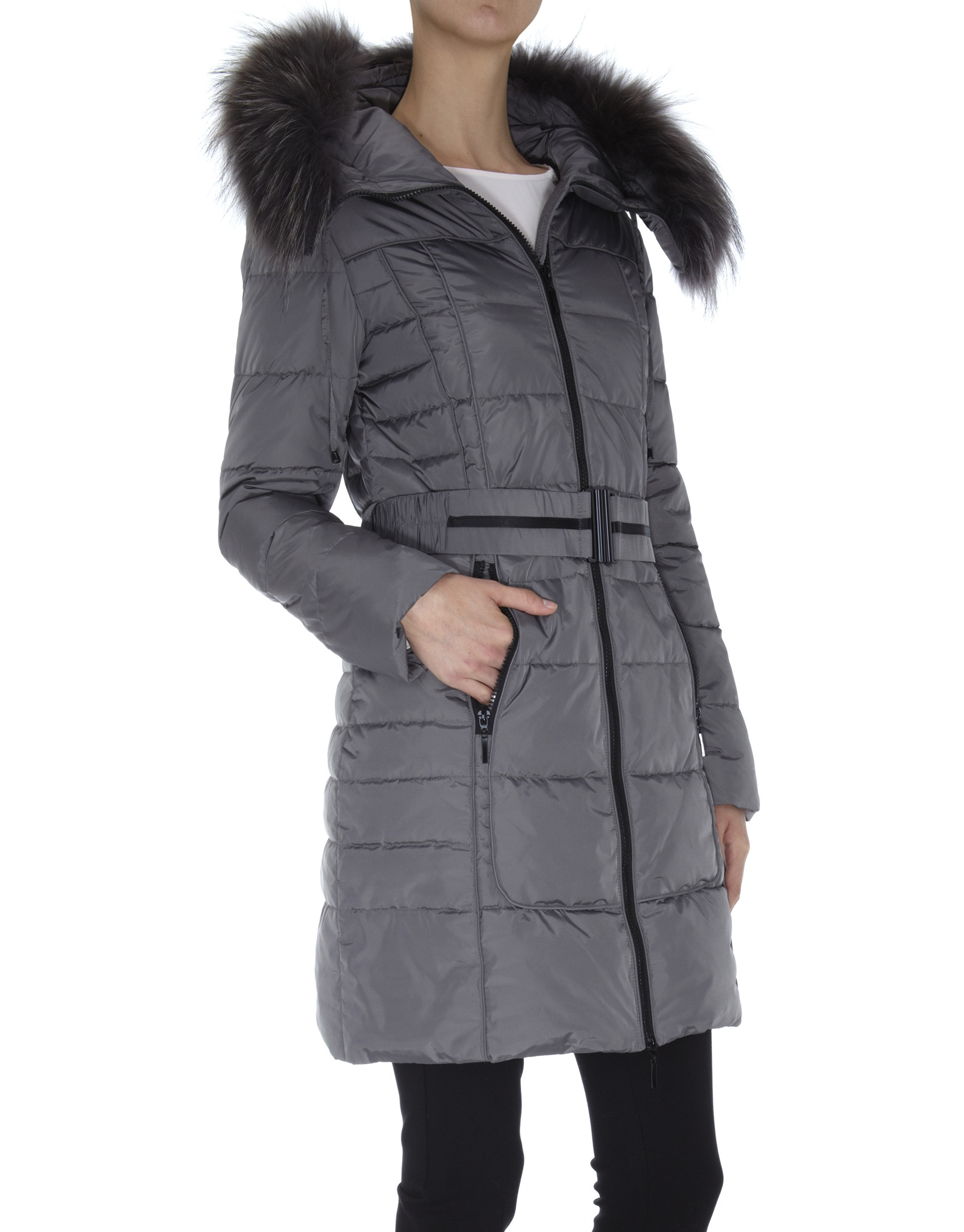 Long black ski jacket with matching raccoon collar 