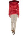Short red trench coat with fur hood