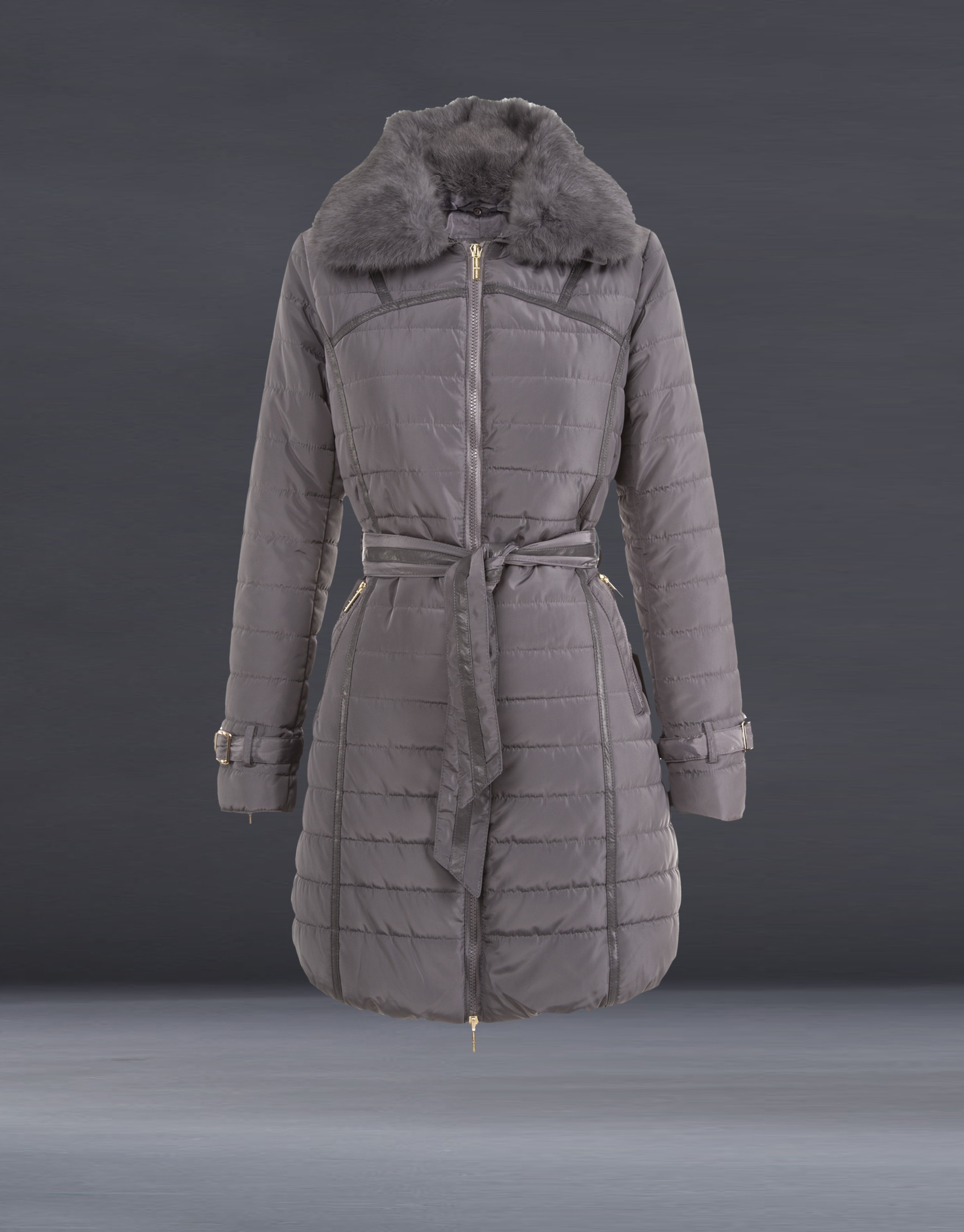 Long grey quilted trench coat