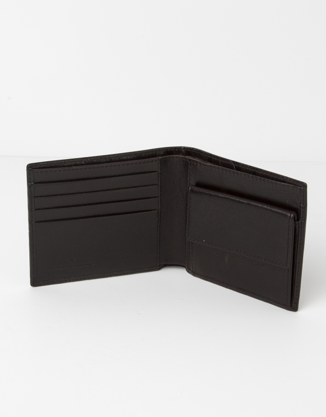 Billetera marrón con monedero interior piel grabada RV. 
