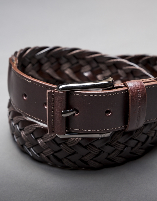 Braided brown cotton - leather belt 
