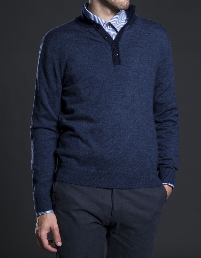 Navy blue turtle neck sweater with buttons