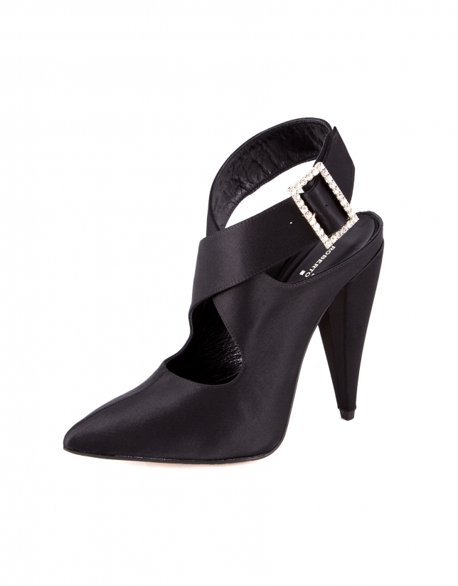 Black satin Tripoli shoes with glass buckles