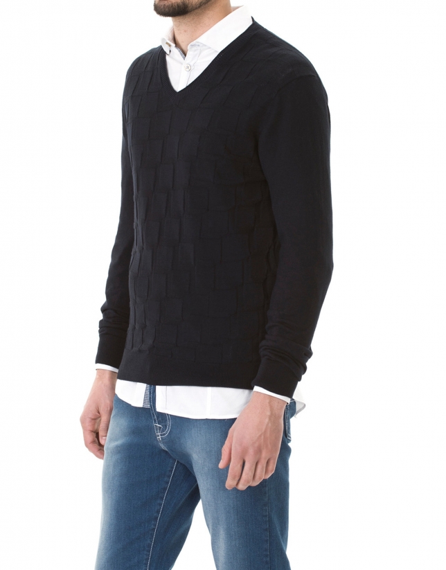 Navy blue jacquard V-neck sweater