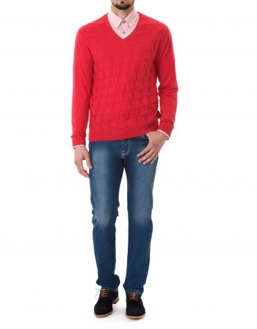 Red jacquard V-neck sweater