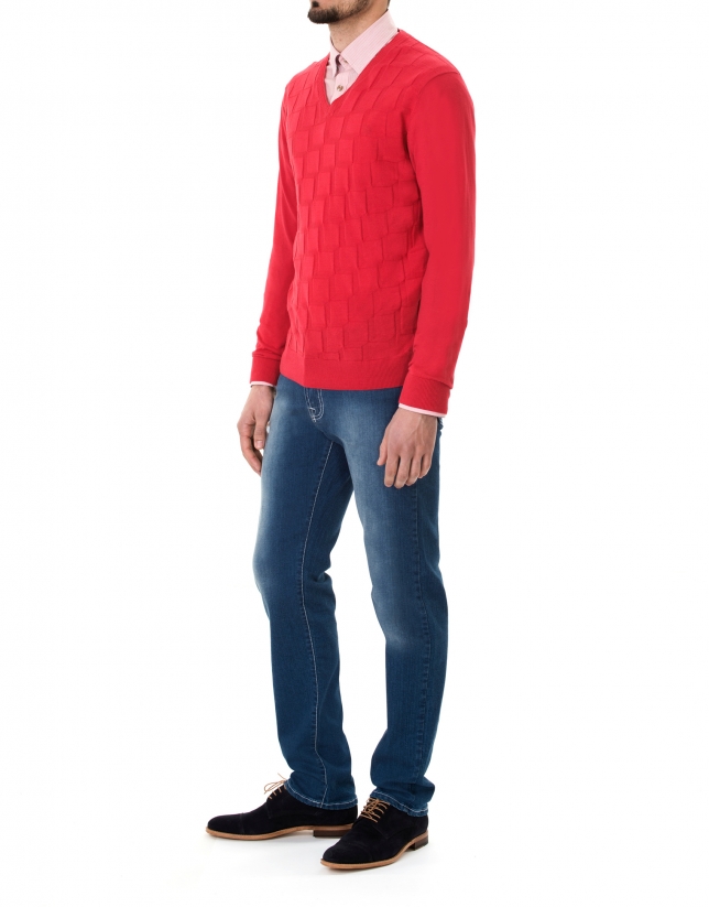 Red jacquard V-neck sweater