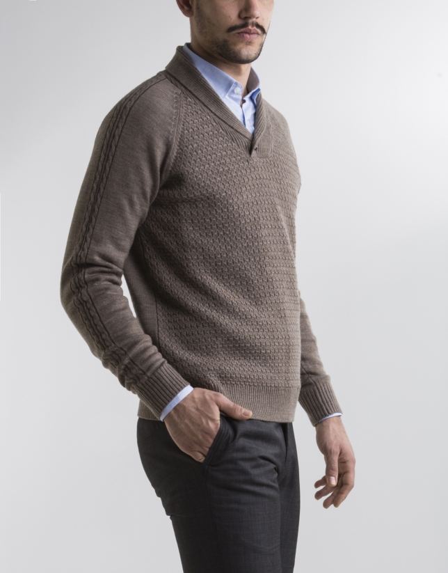 Taupe shawl neck sweater
