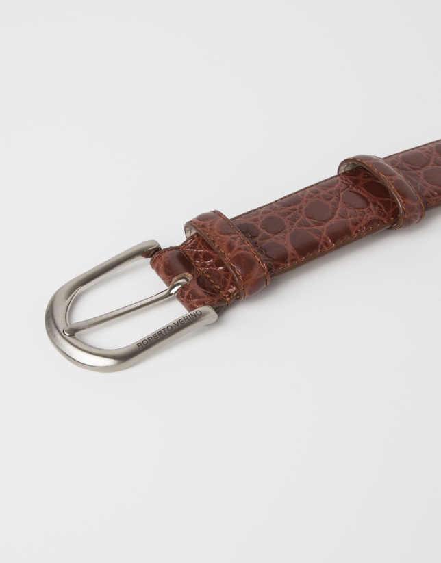 Cowhide leather alligator embossed brown belt