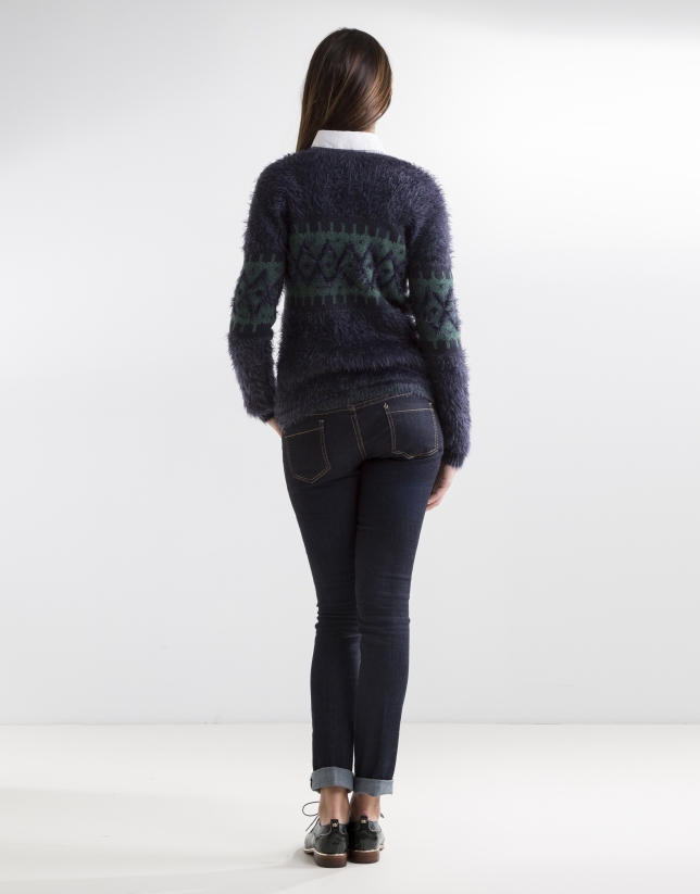 Blue and green print sweater
