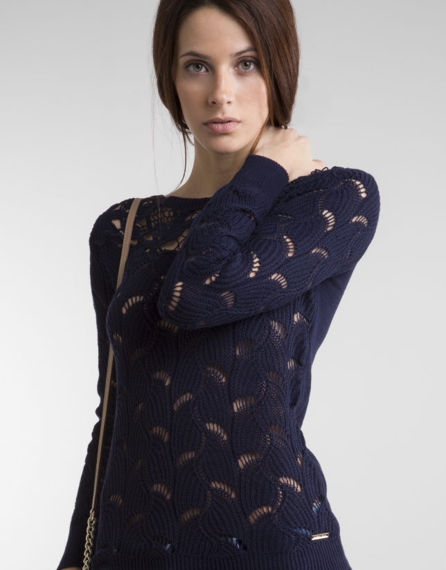 Q2 Jersey de Punto Calado A Rayas Azules Suéter para Mujer 