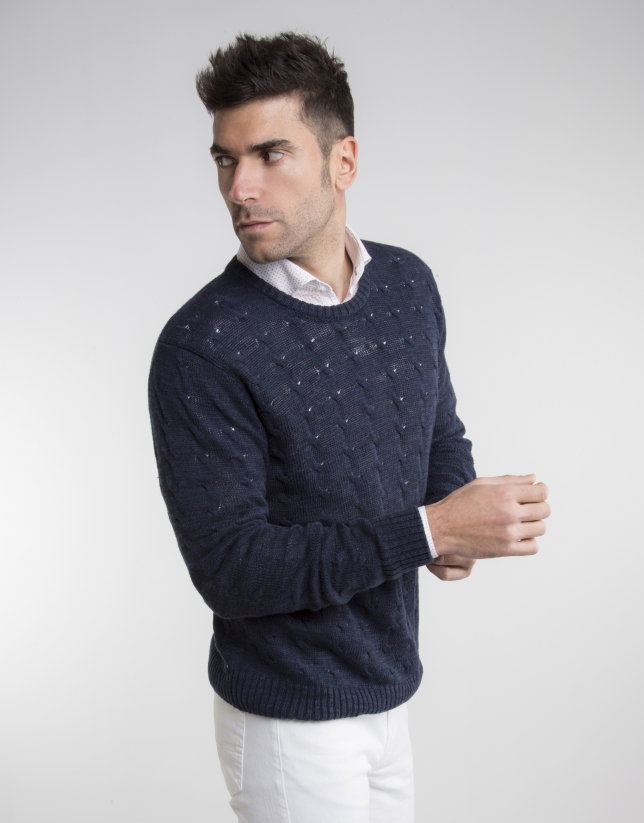 Navy blue cable knit sweater