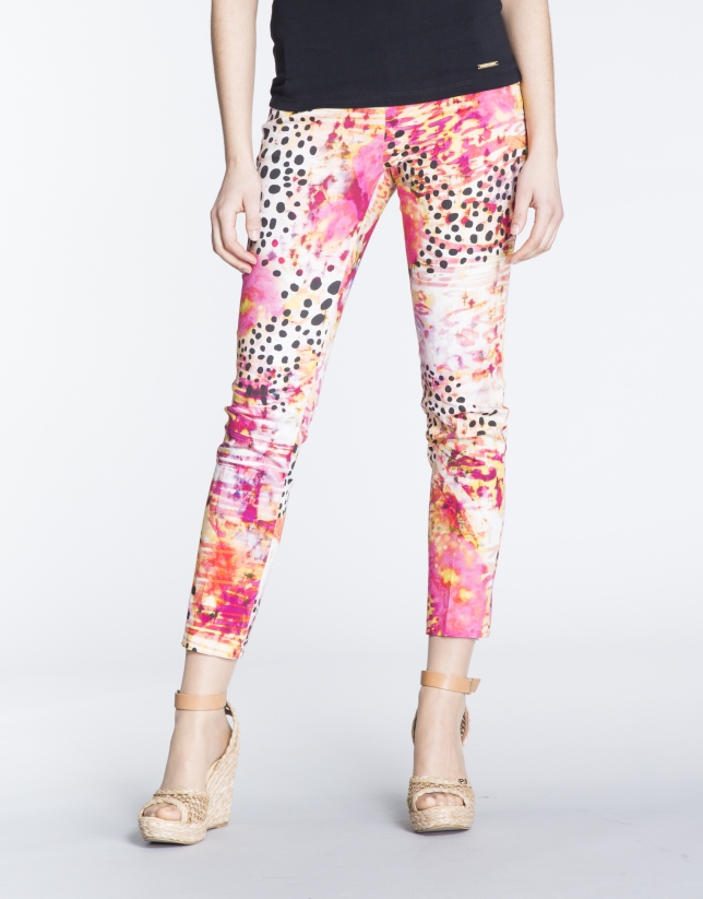 Abstract print stovepipe pants with 4 pockets