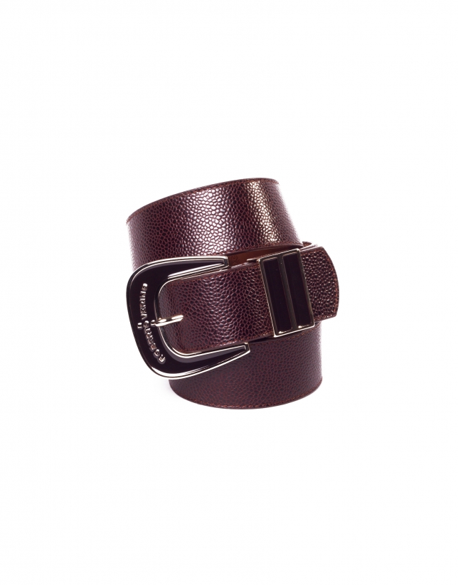 Brown leather belt with enamel buckle 