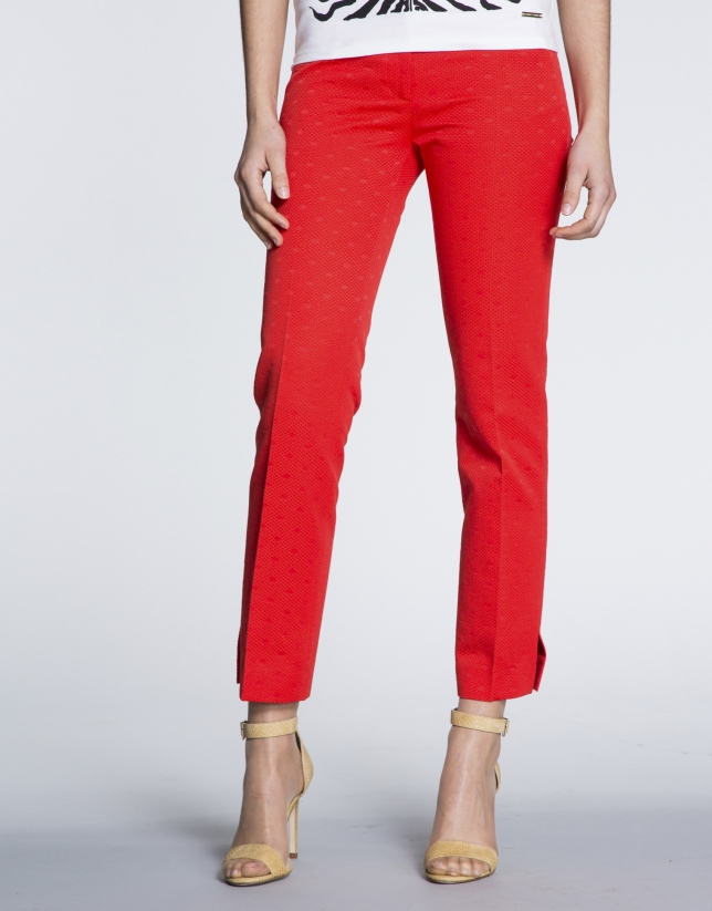 Coral dotted straight jacquard pants.