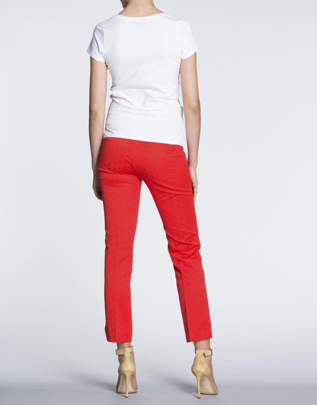 Coral dotted straight jacquard pants.