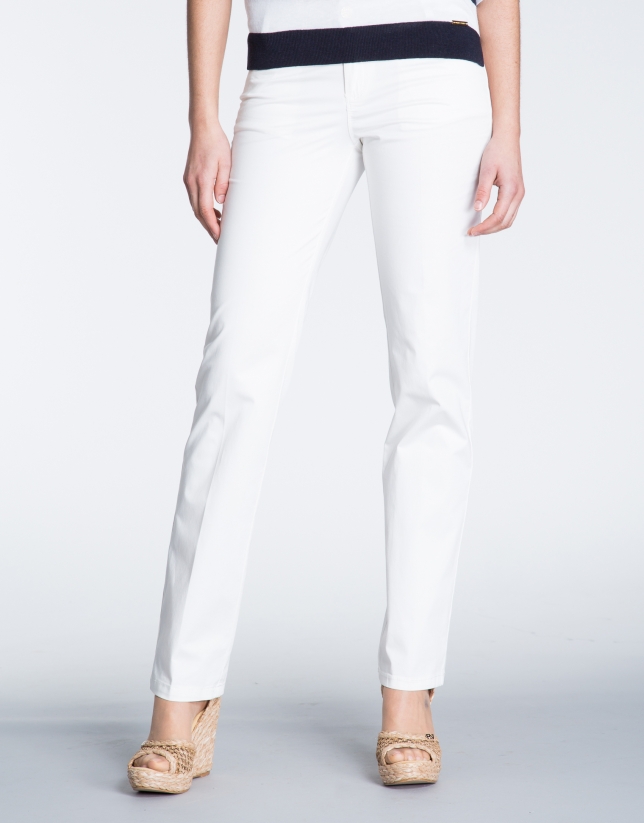 Ivory cotton straight pants with 5 pockets