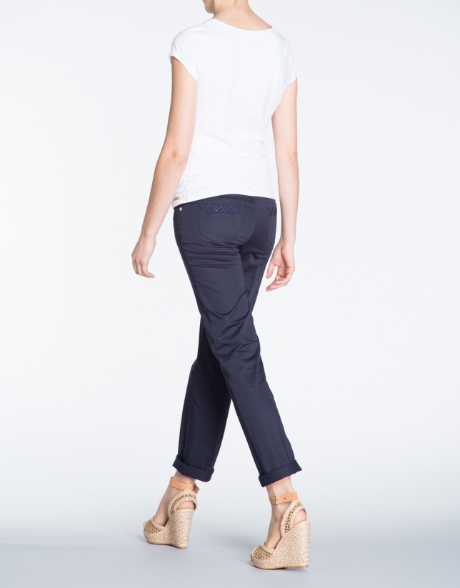 Navy blue straight cotton pants with 5 pockets 