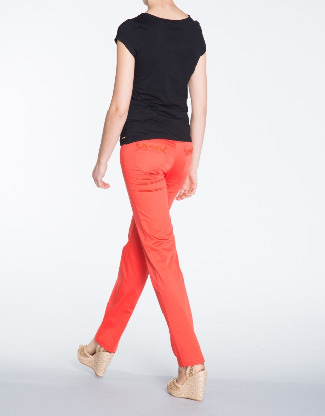 Red straight cotton pants with 5 pockets 