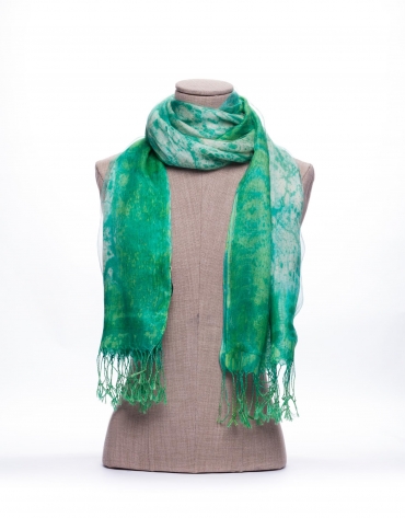 Double layer scarf with green and beige print