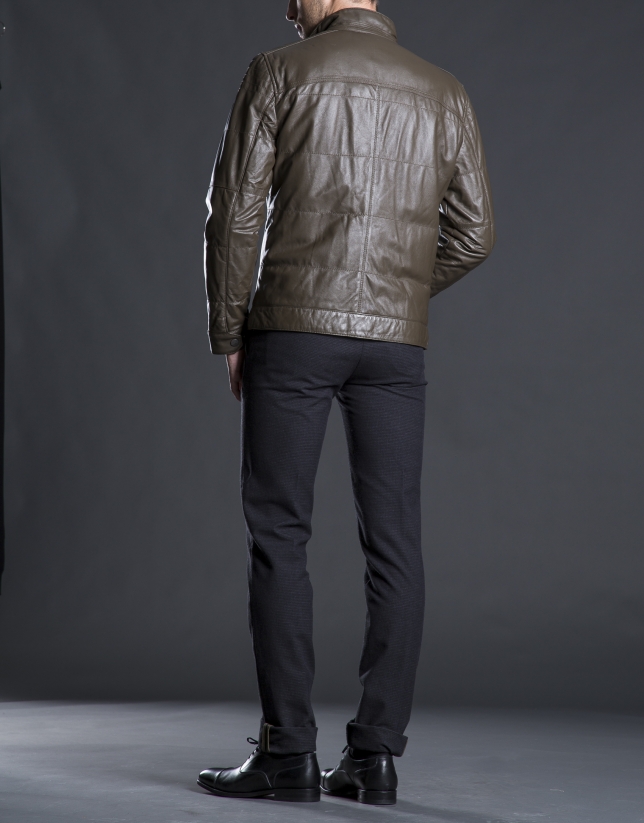 Khaki leather Bomber jacket with pockets