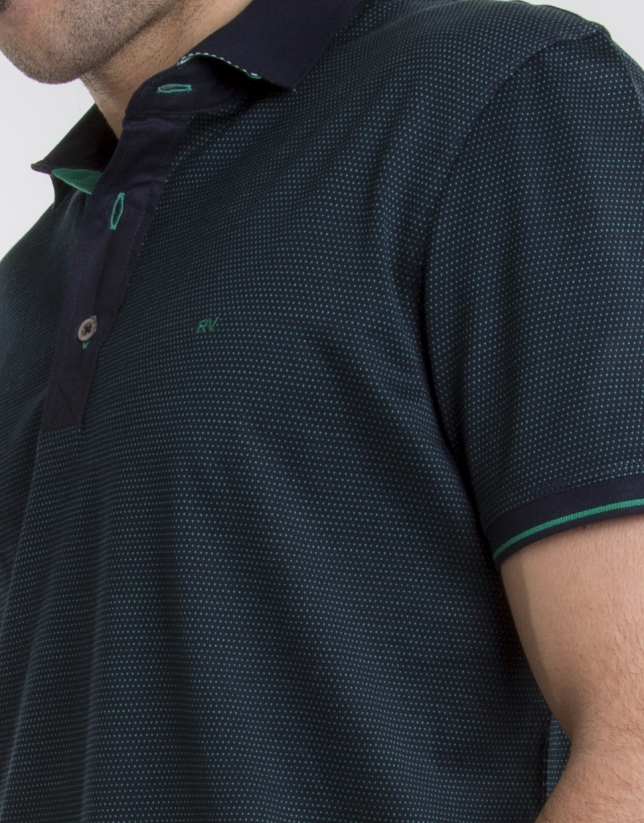 Navy blue polo with green microdots