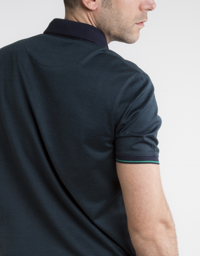 Navy blue polo with green microdots