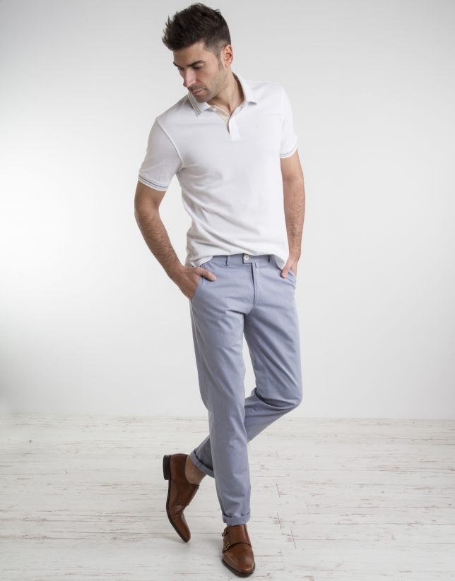 White pique polo with beige contrasts