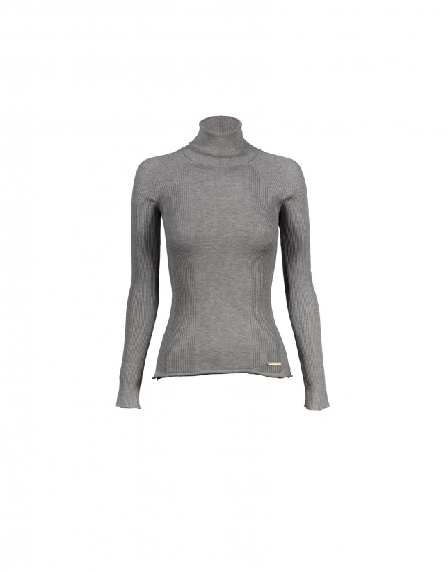 Fancy stitched roll collar grey pullover