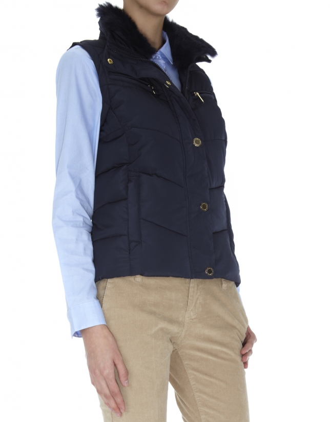 Midnight blue quilted vest with fur collar 