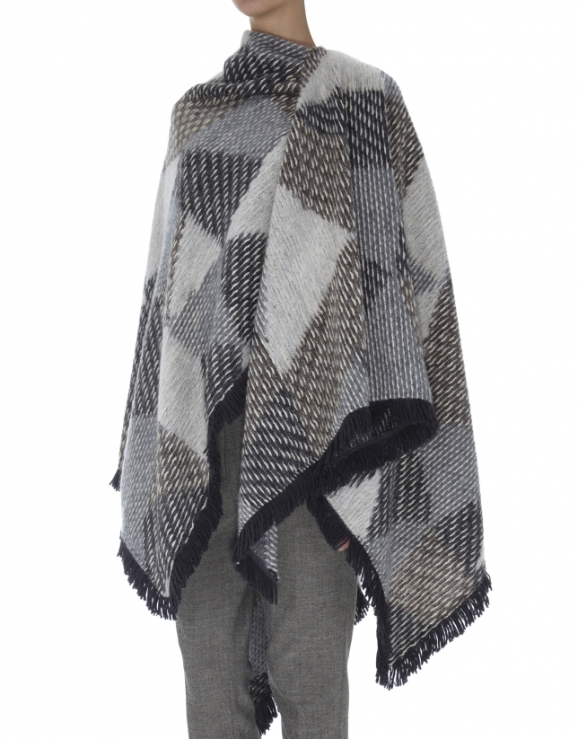 Gray knit, geometric print poncho