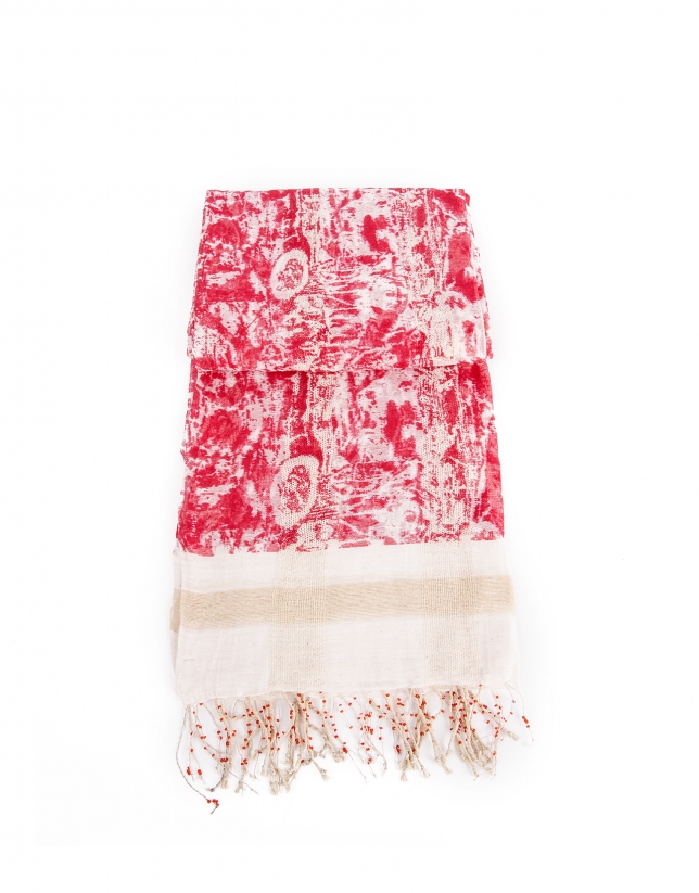 Beige and red flower print scarf
