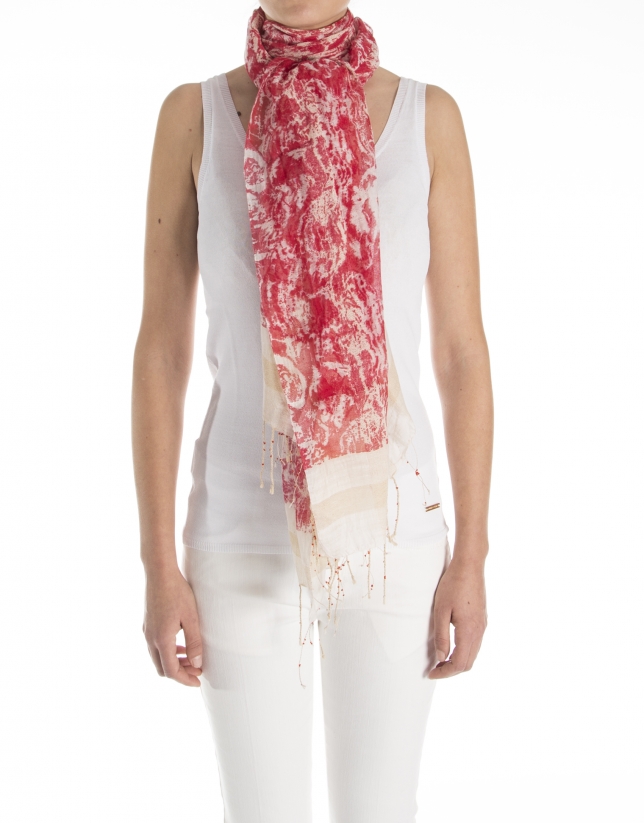 Beige and red flower print scarf