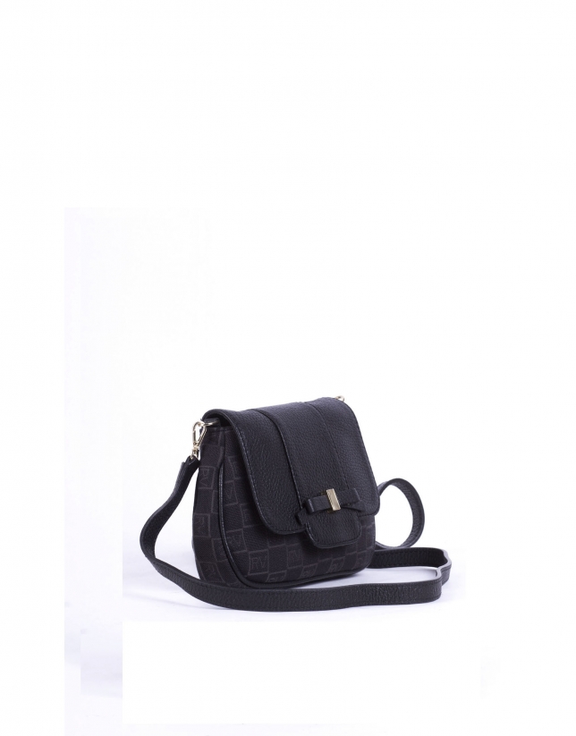 TAMARA BLACK: Black RV jacquard and cowhide shoulder bag