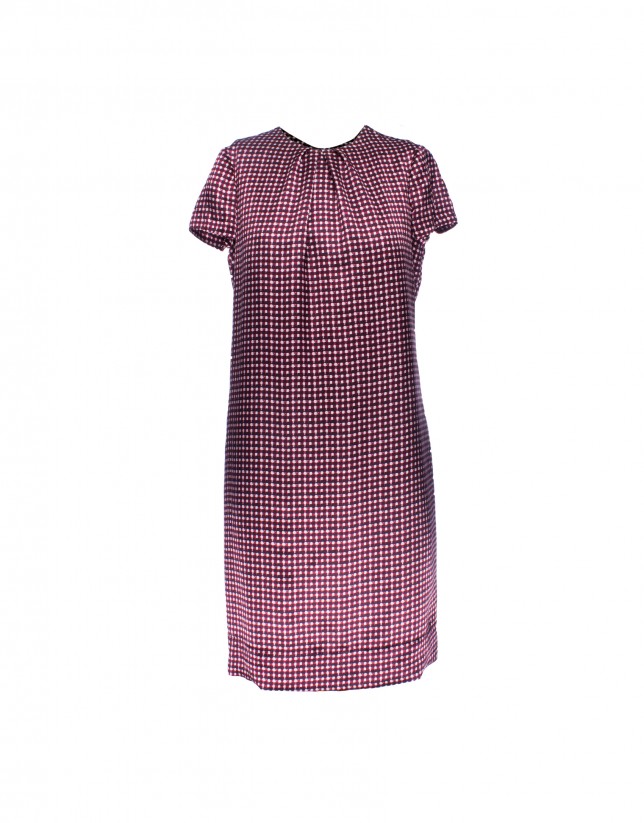 Geometric, bordeaux printed silk dress