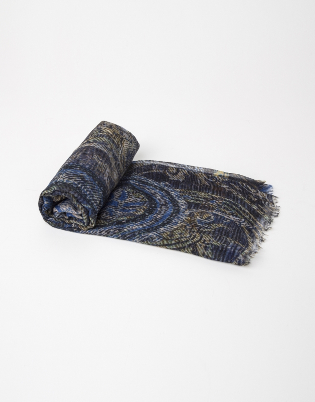 Blue print wool and silk scarf