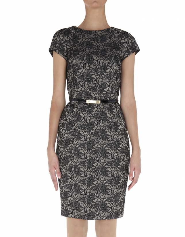 Black straight short sleeved cloqué dress with floral print 