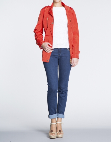 Geranium red short trench with Mao collar