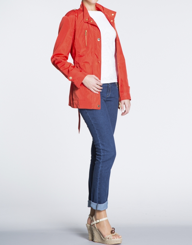 Geranium red short trench with Mao collar