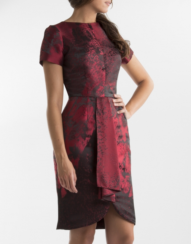 Red print dress with front folds