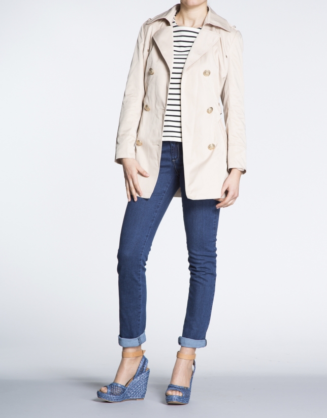 Beige long trench with lapel collar