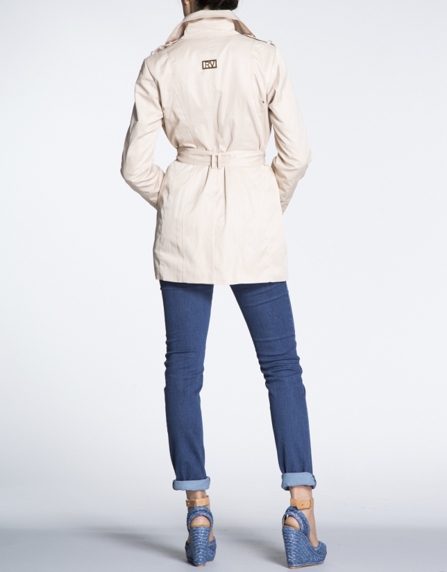 Beige long trench with lapel collar