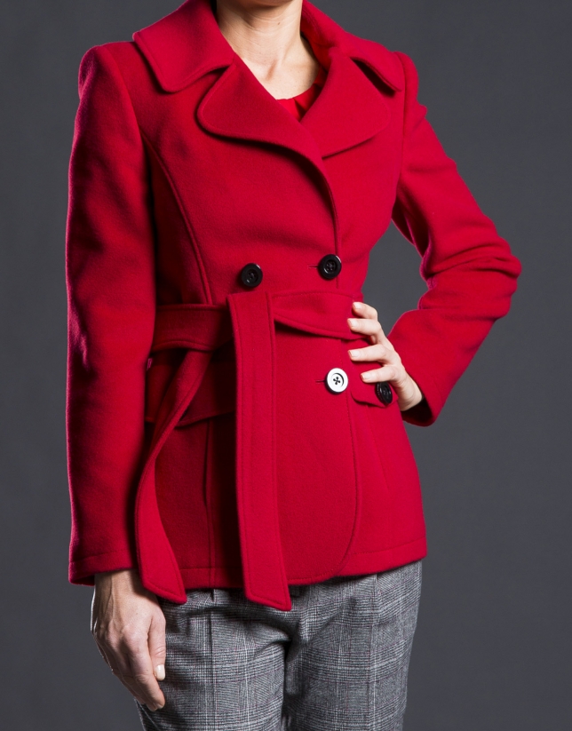 Double-breasted red jacket with belt