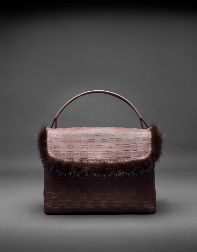 Brown leather Vivian bag with mink trimming and embossed RV 