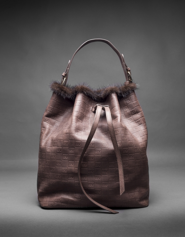 Brown leather Adam bag with mink trimming and embossed RV 