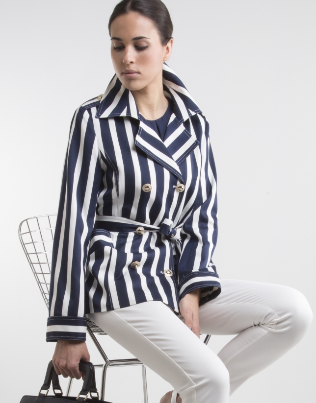 White / navy blue striped trench coat